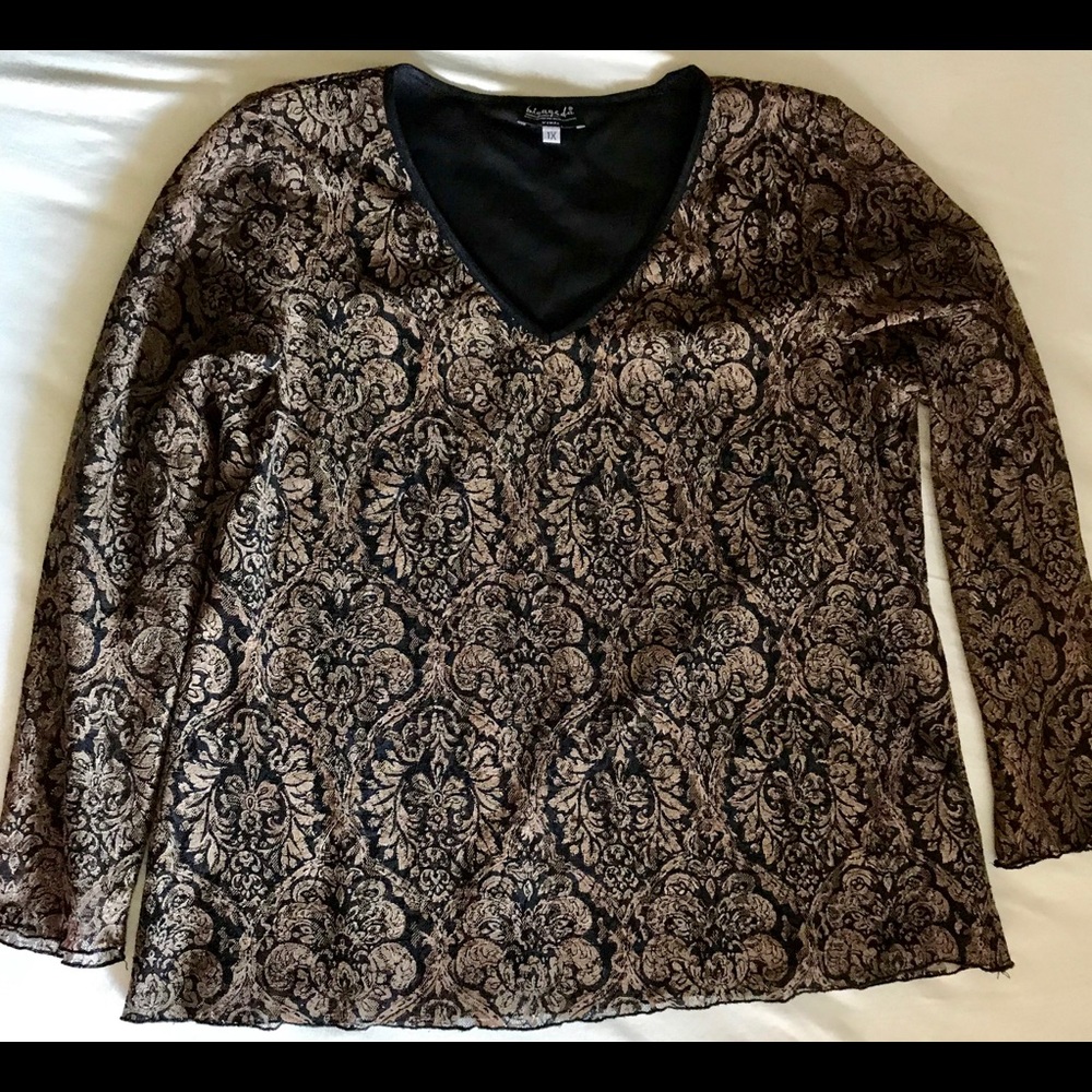 Brown and Black Lace Lined Top Shirt Long Sleeve